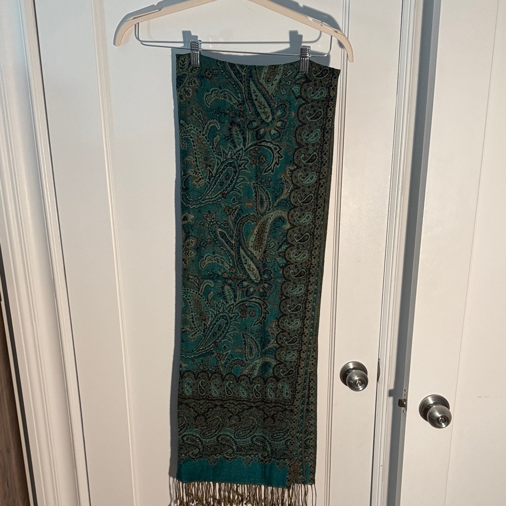 Teal Paisley Scarf with Fringe
